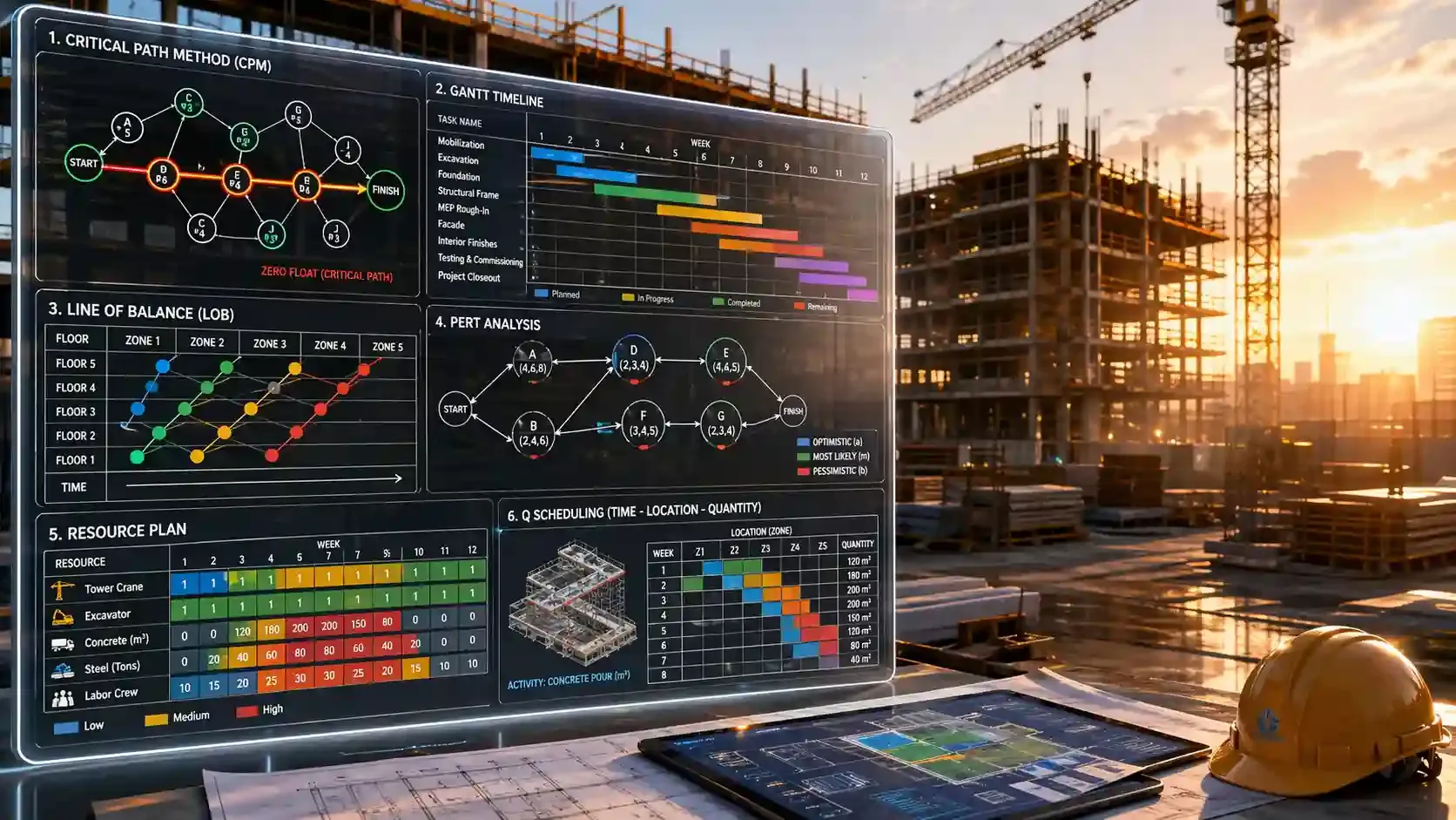 Digital construction board showing CPM, Gantt, PERT at a building site